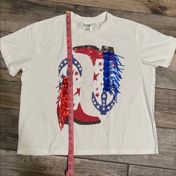 QUEEN OF SPARKLES White Tee with Red and Blue Boot Design - Picture 3 of 3